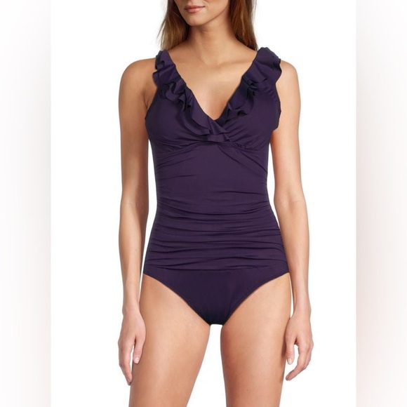 Lauren Ralph Lauren Ruffle Surplice One Piece Swimsuit Eggplant Purple Size 12 - Picture 1 of 16
